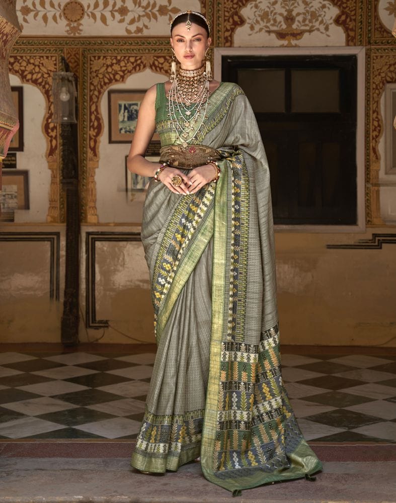 Grey and Green Colour Dola Silk Saree