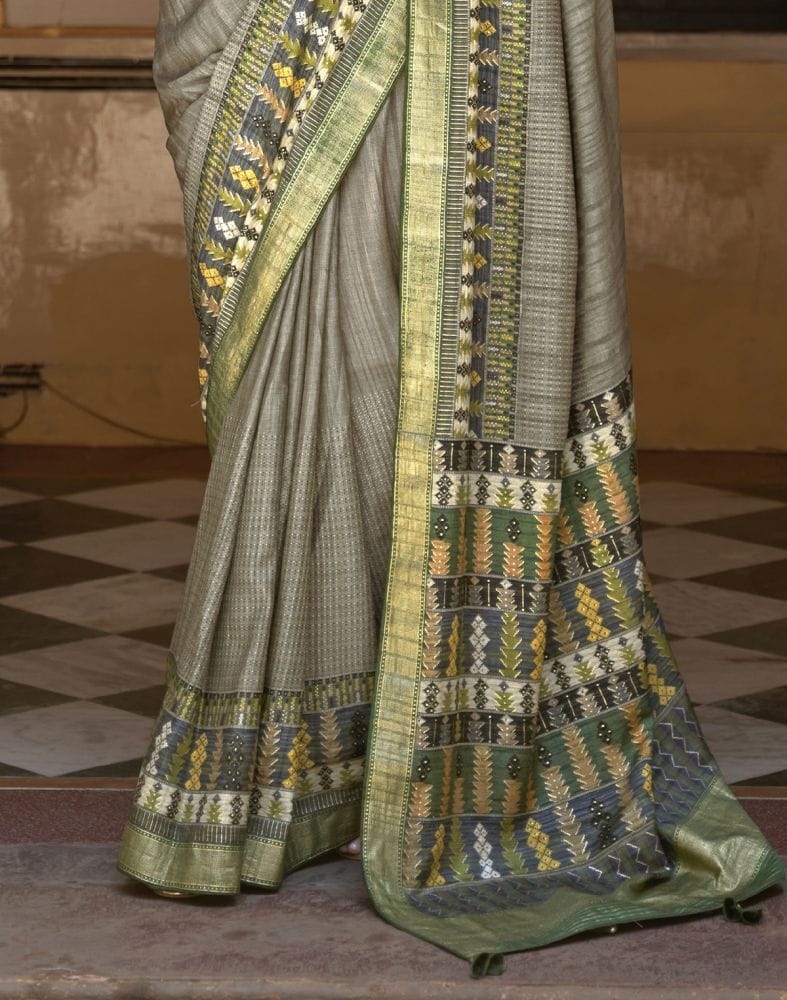 Collection of Grey and Green Colour Dola Silk Saree in a gallery layout