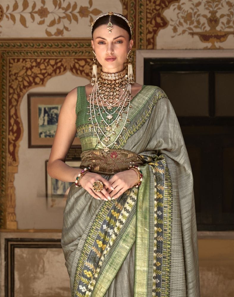 Collection of Grey and Green Colour Dola Silk Saree in a gallery layout