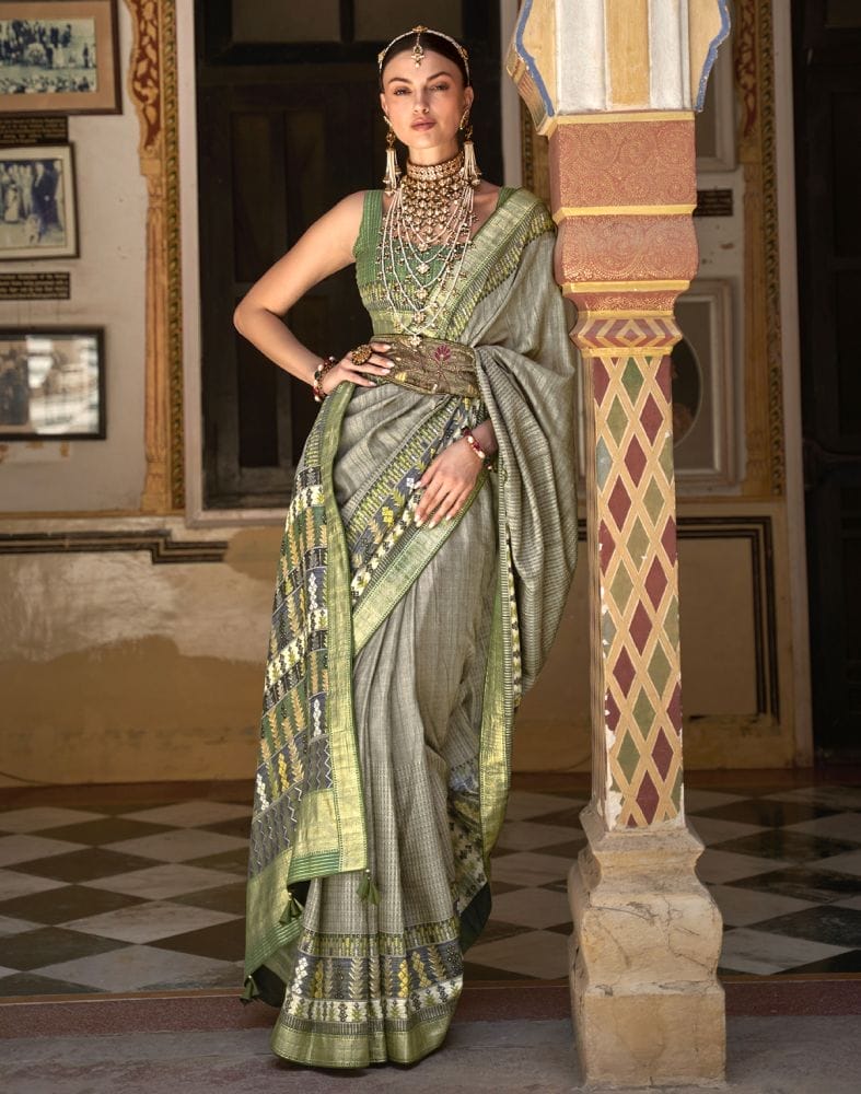 Grey and Green Colour Dola Silk Saree