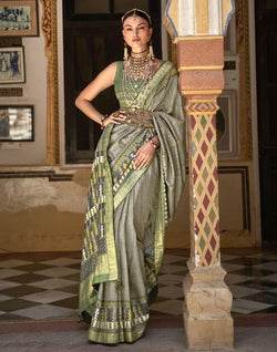 Collection of Grey and Green Colour Dola Silk Saree in a gallery layout