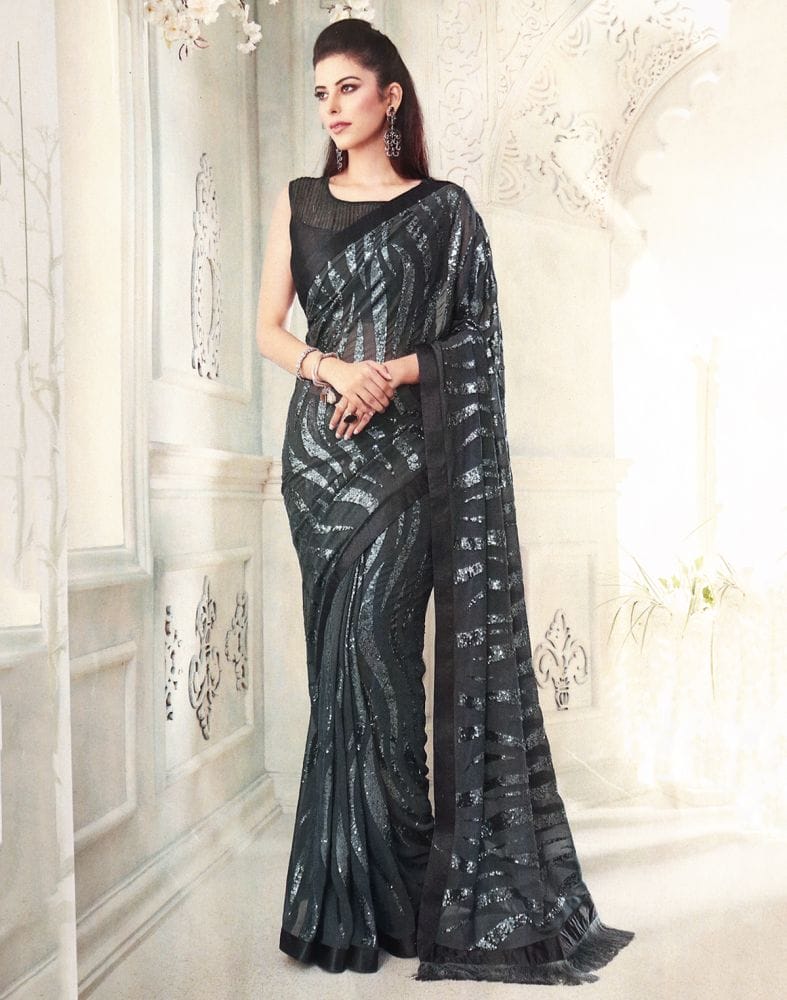 Collection of Grey Striped Sequence work Semi Georgette Saree in a gallery layout