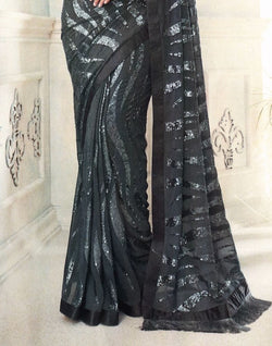 Collection of Grey Striped Sequence work Semi Georgette Saree in a gallery layout