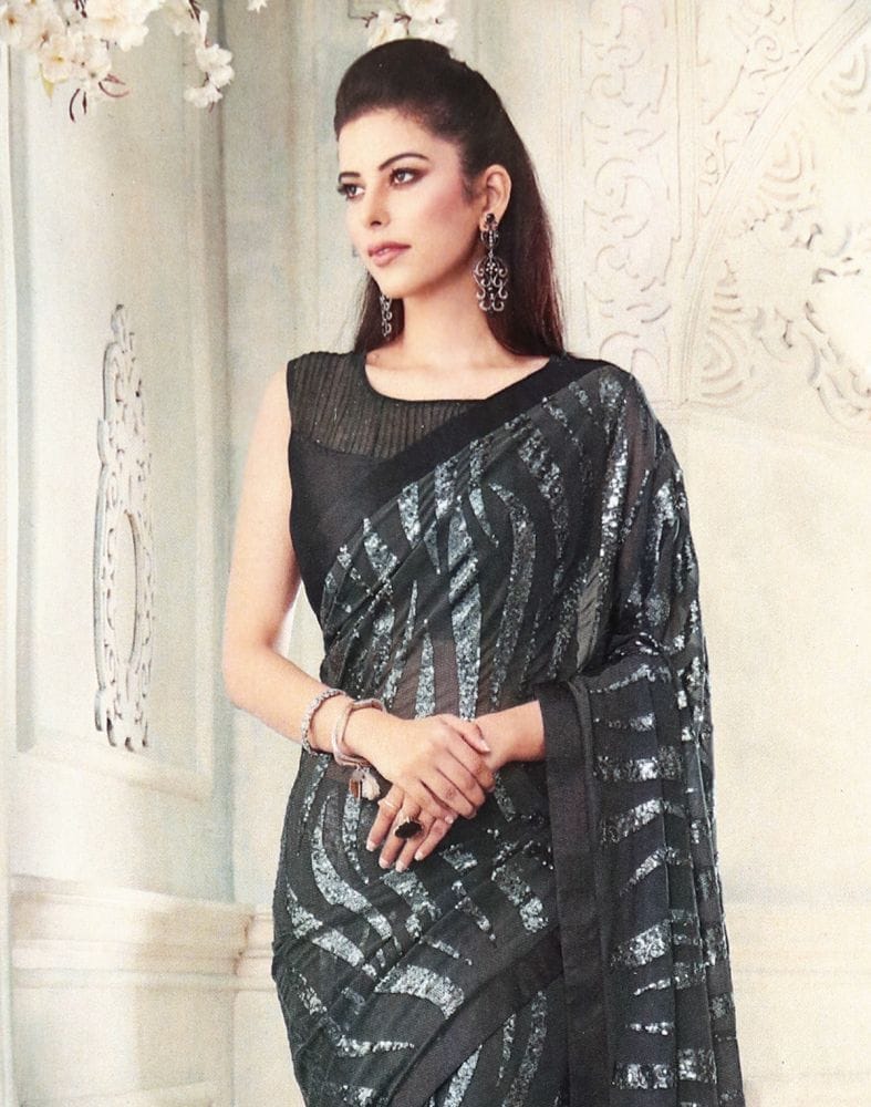 Collection of Grey Striped Sequence work Semi Georgette Saree in a gallery layout