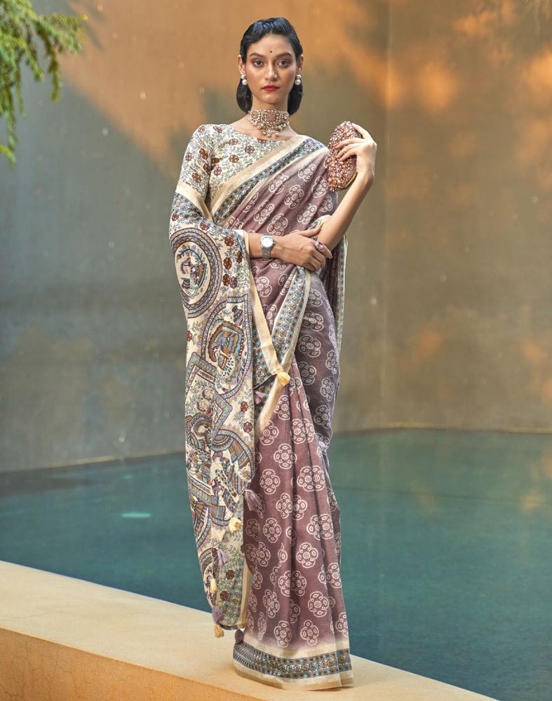 Brown and Cream Colour Floral Print Cotton Saree