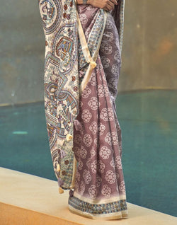 Collection of Brown and Cream Colour Floral Print Cotton Saree in a gallery layout