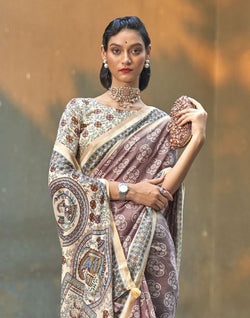 Collection of Brown and Cream Colour Floral Print Cotton Saree in a gallery layout