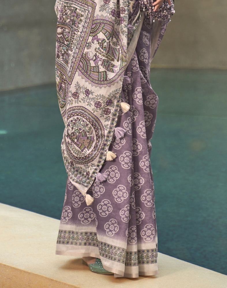 Collection of Bright Purple and Cream Floral Print Cotton Saree in a gallery layout