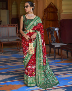 Collection of Stylish Red Ikat Patola Fabric Saree in a gallery layout