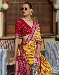 Collection of Magnificent Mustard Ikat Patola Printed Saree in a gallery layout