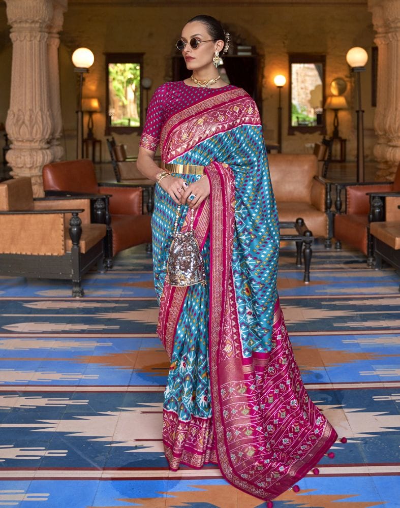 Aqua Sky Blue Ikat Print Patola Saree