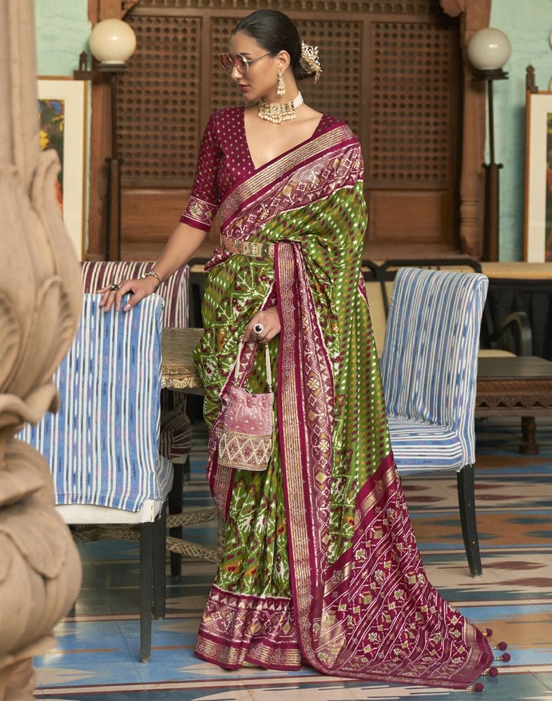 Green and Maroon Ikat Patola Printed Saree