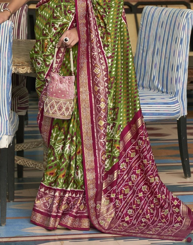 Green and Maroon Ikat Patola Printed Saree