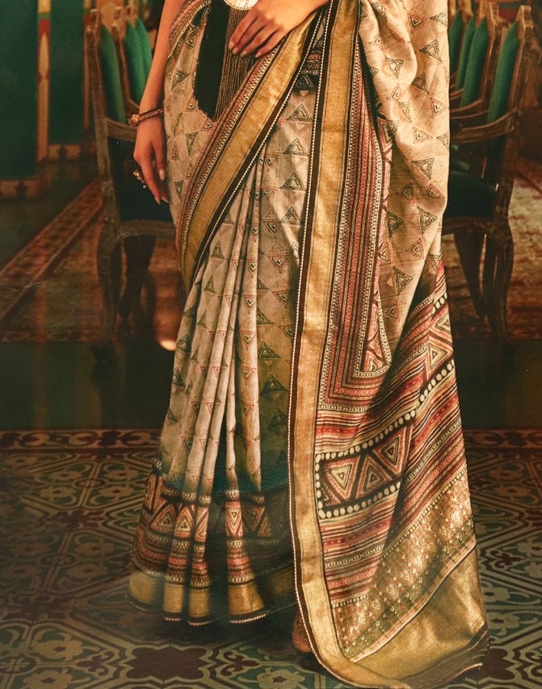 Collection of Light Grey Geometric Print Dola Silk Saree in a gallery layout