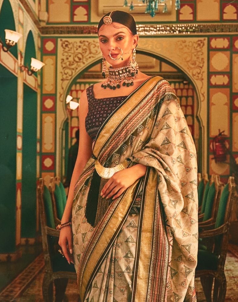 Collection of Light Grey Geometric Print Dola Silk Saree in a gallery layout