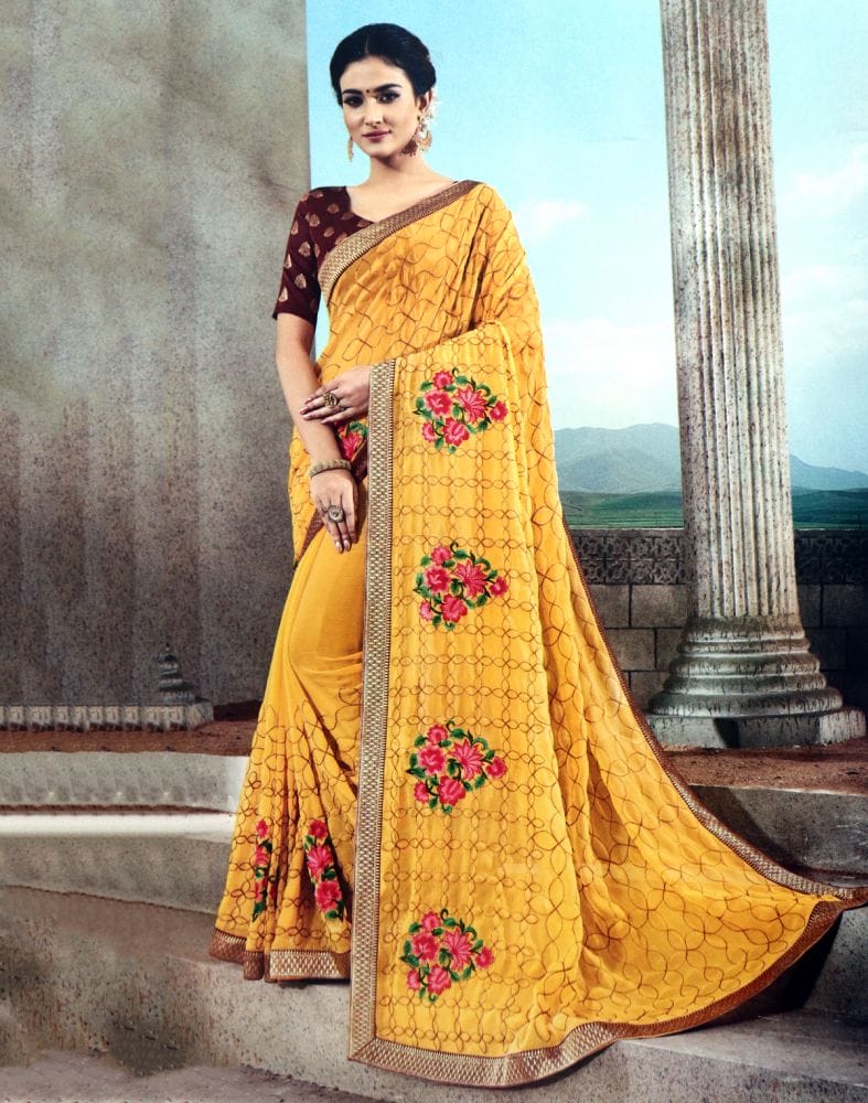 Collection of Yellow Floral Thread work Chiffon Saree in a gallery layout