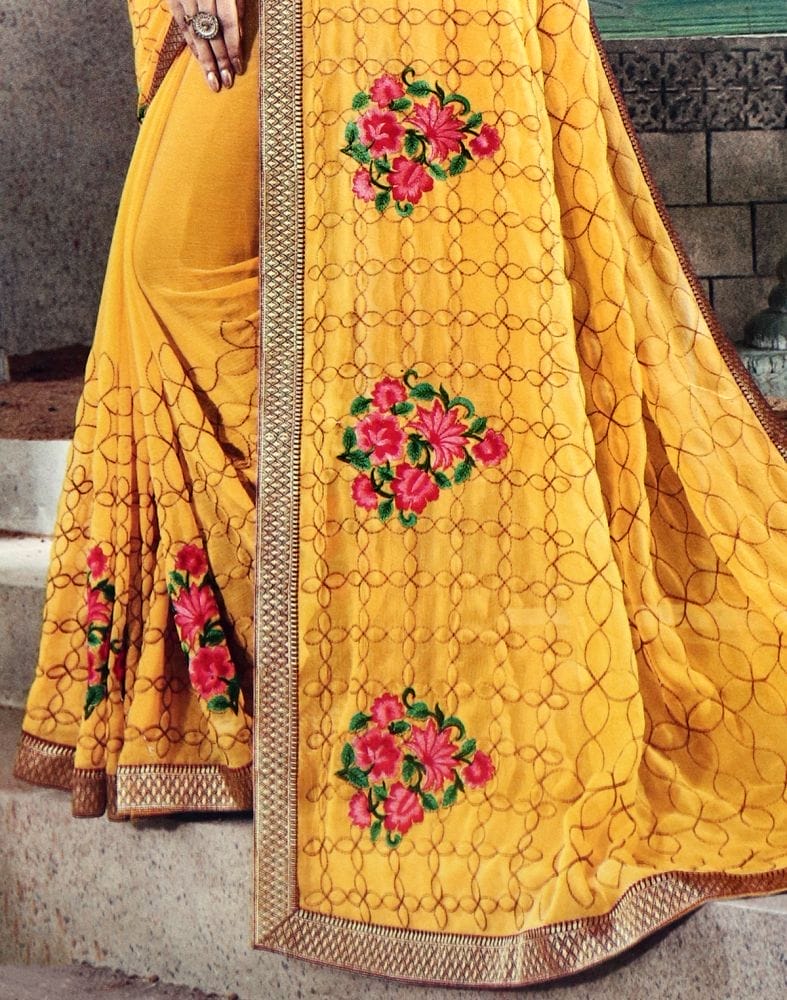 Collection of Yellow Floral Thread work Chiffon Saree in a gallery layout