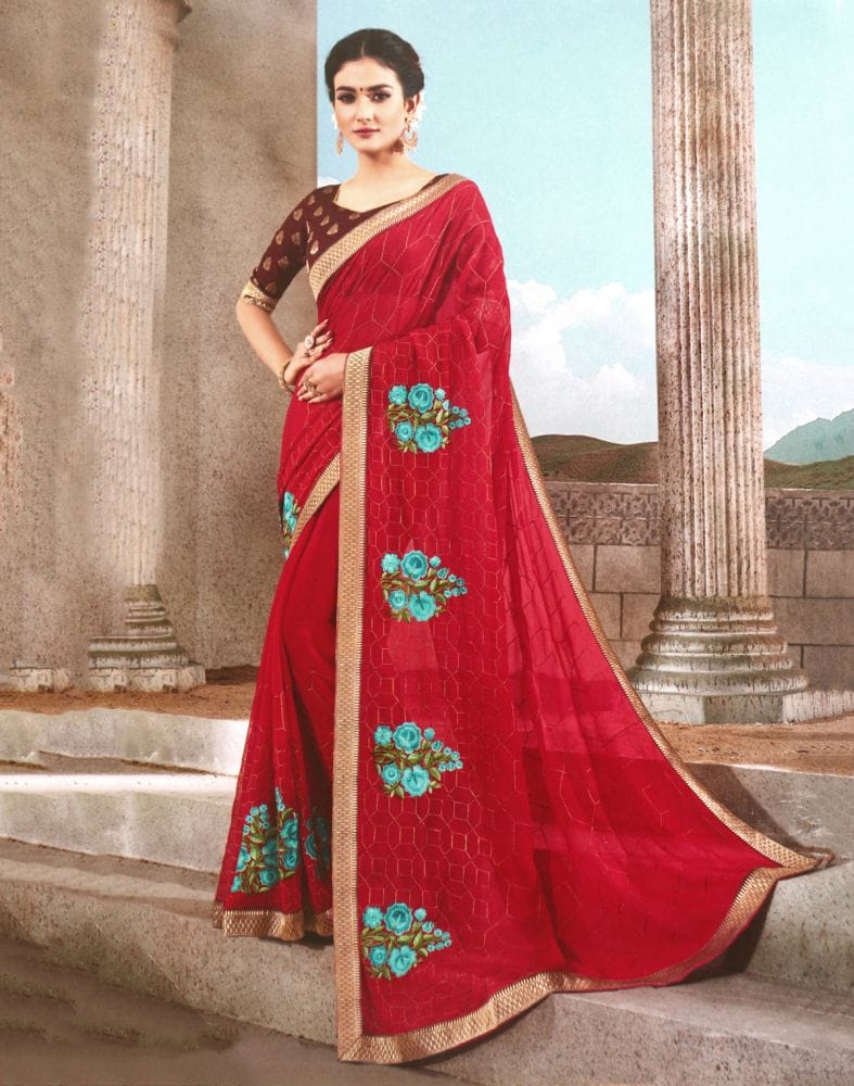 Collection of Red Floral Thread work Chiffon Saree in a gallery layout