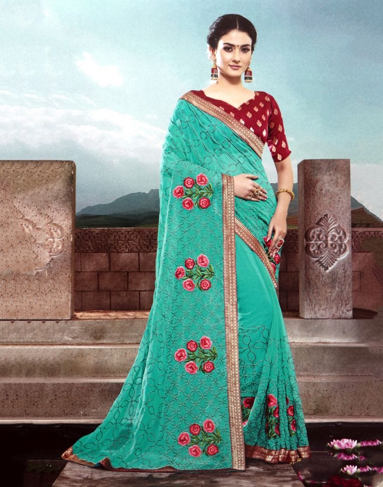 Collection of Sea Green Floral Thread work Chiffon Saree in a gallery layout