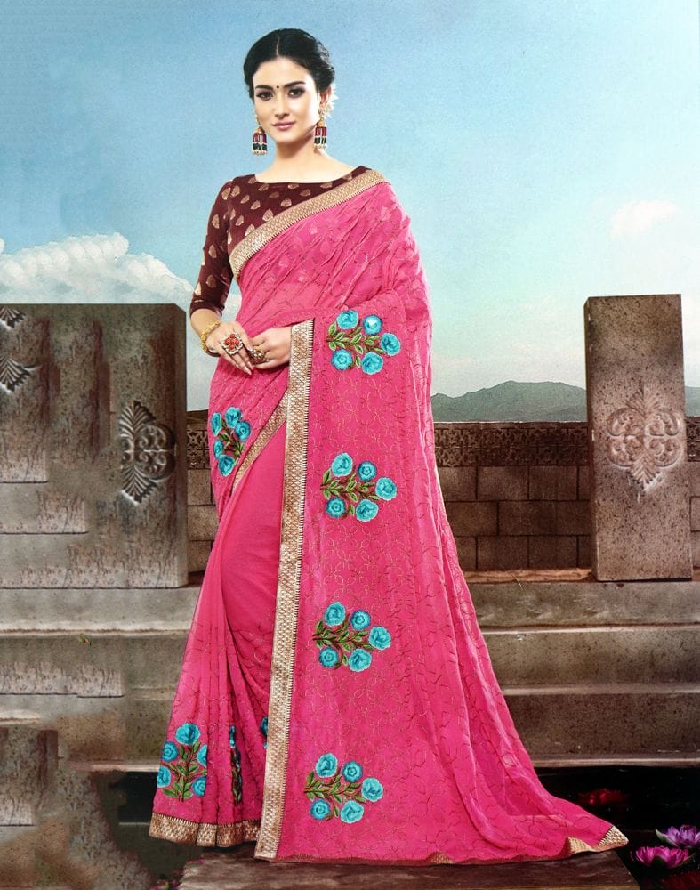 Pink Floral Thread work Chiffon Saree