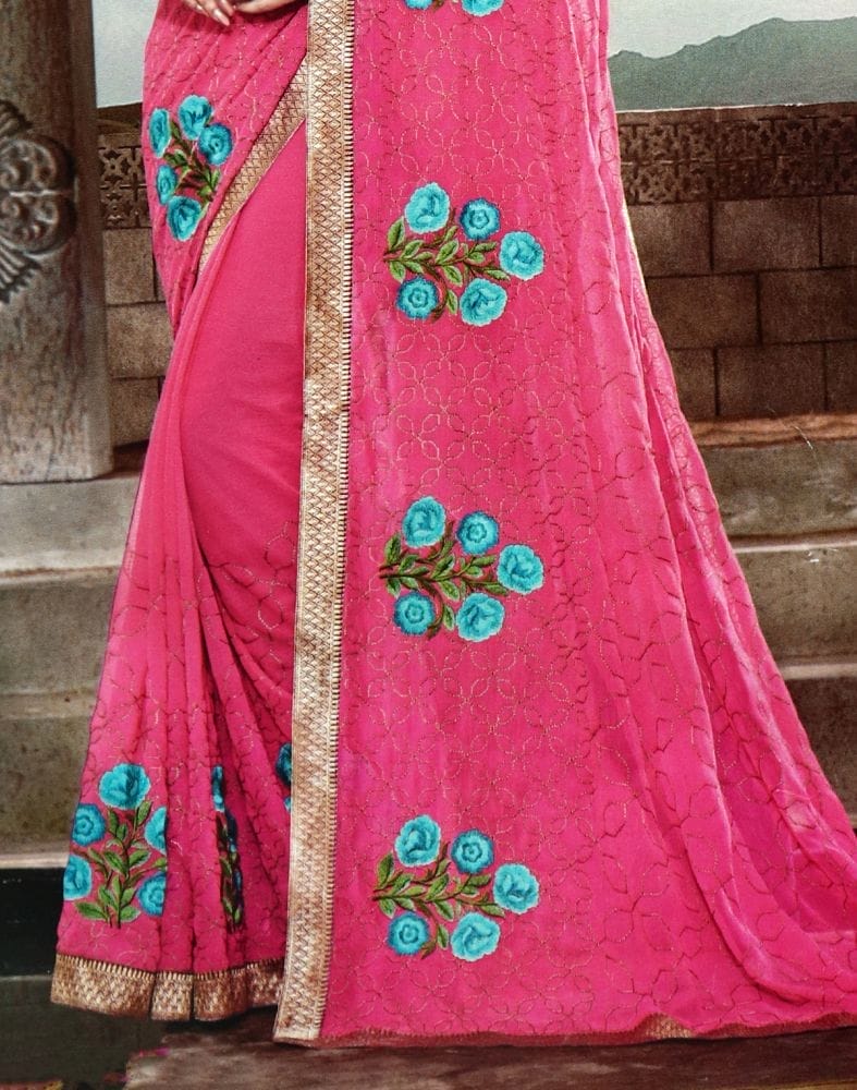 Pink Floral Thread work Chiffon Saree