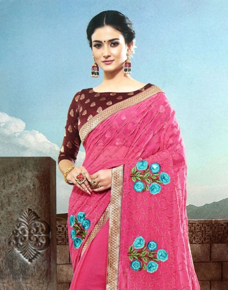 Pink Floral Thread work Chiffon Saree