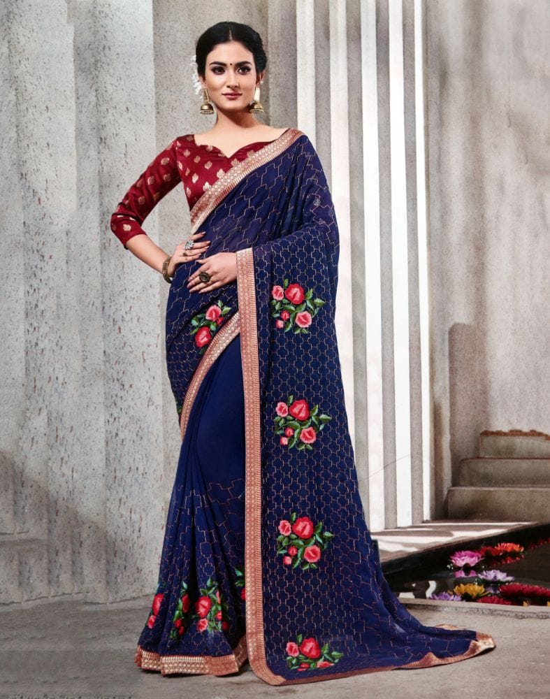 Navy Blue Floral Thread work Chiffon Saree