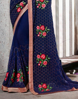 Collection of Navy Blue Floral Thread work Chiffon Saree in a gallery layout