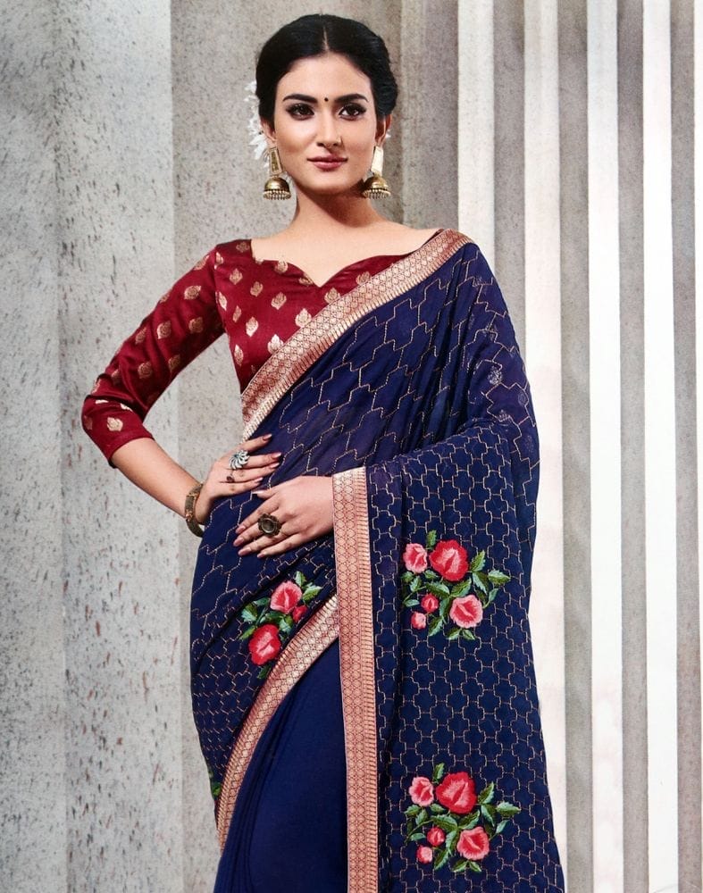 Navy Blue Floral Thread work Chiffon Saree