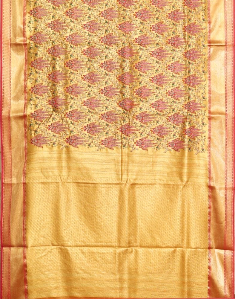 Collection of Light Yellow Kantha Embroidered work Semi Silk Saree in a gallery layout