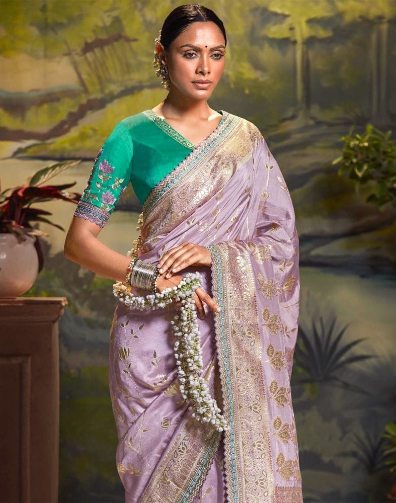 Collection of Purple Botanical Cotton Silk Saree in a gallery layout