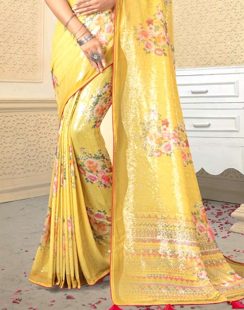 Collection of Mehendi Green Digital Floral Print Embellished Work Georgette Saree in a gallery layout