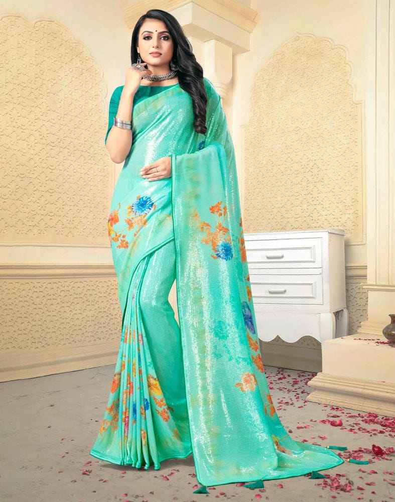 Collection of Sea Green Digital Floral Print Embellished Work Georgette Saree in a gallery layout