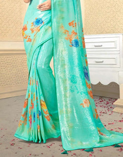 Collection of Sea Green Digital Floral Print Embellished Work Georgette Saree in a gallery layout