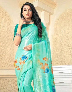 Collection of Sea Green Digital Floral Print Embellished Work Georgette Saree in a gallery layout