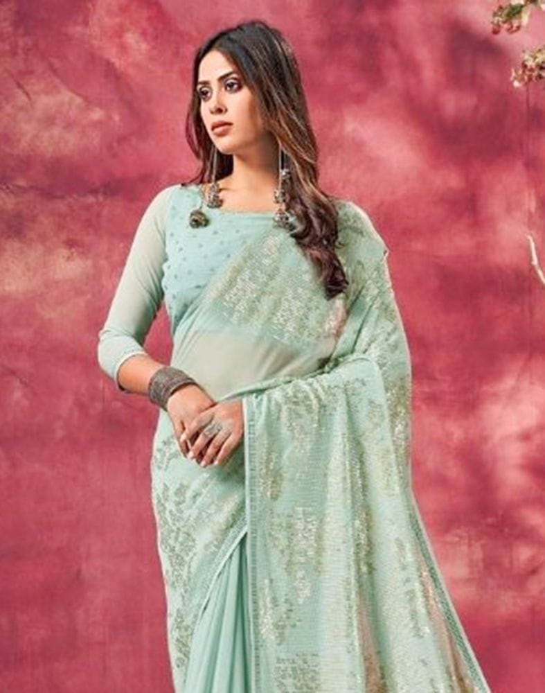 Collection of Light Blue Sequence Work Semi Georgette Saree in a gallery layout