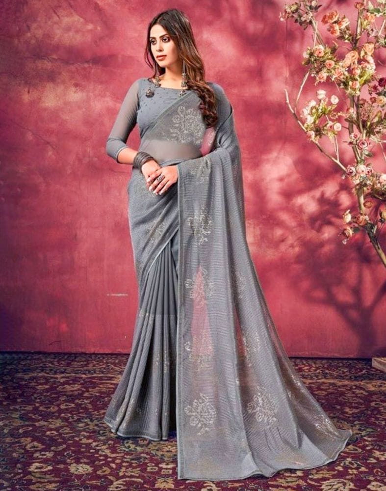 Collection of Grey Coloured Sequence Work Semi Georgette Saree in a gallery layout