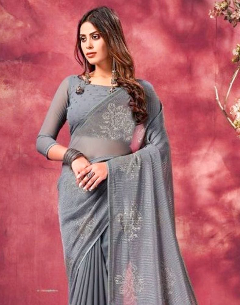 Collection of Grey Coloured Sequence Work Semi Georgette Saree in a gallery layout