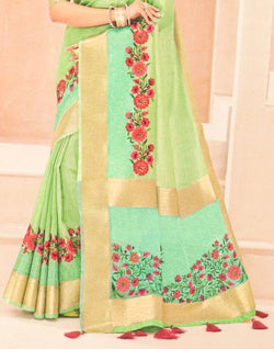 Collection of Light Green Coloured Banaras Silk Saree in a gallery layout