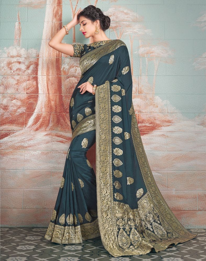 Collection of Dark Grey Floral Print Banaras Fancy Saree with 2 Unstitched Blouses in a gallery layout