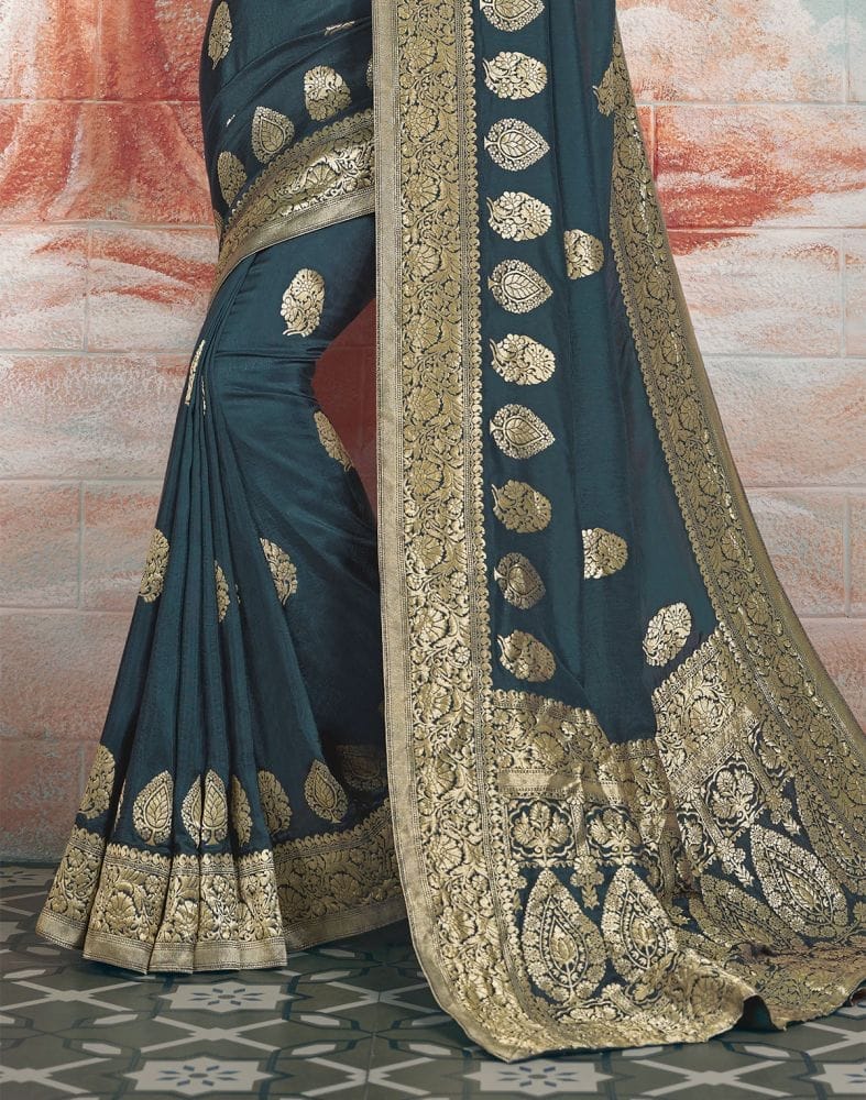 Collection of Dark Grey Floral Print Banaras Fancy Saree with 2 Unstitched Blouses in a gallery layout