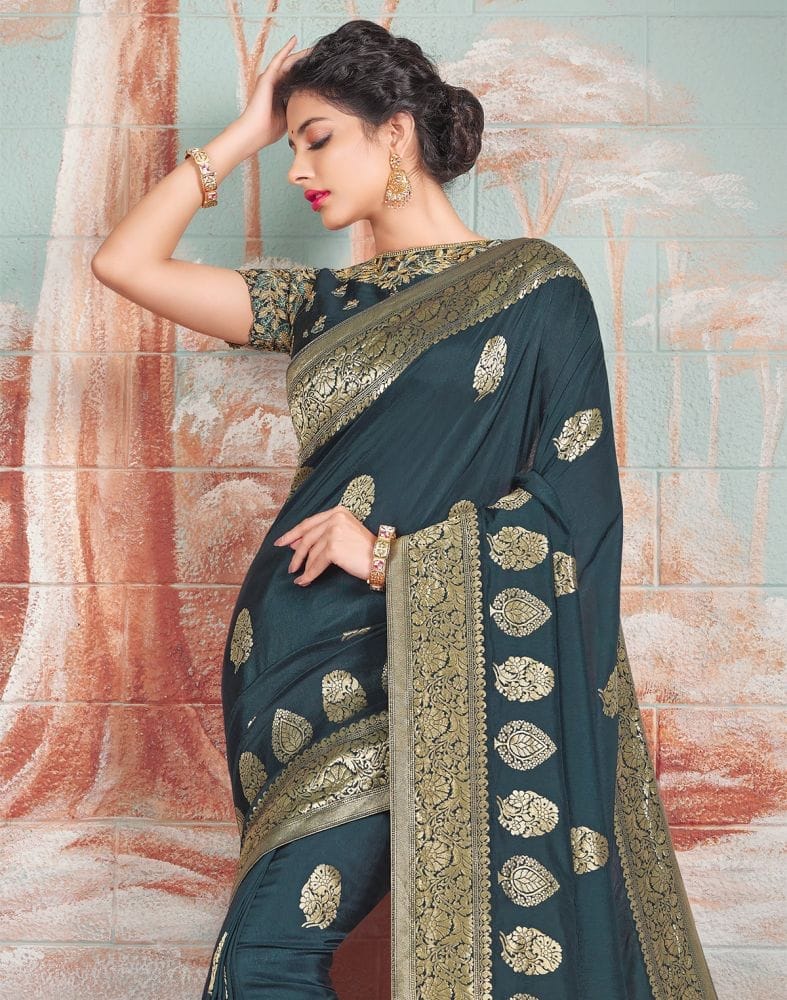 Collection of Dark Grey Floral Print Banaras Fancy Saree with 2 Unstitched Blouses in a gallery layout