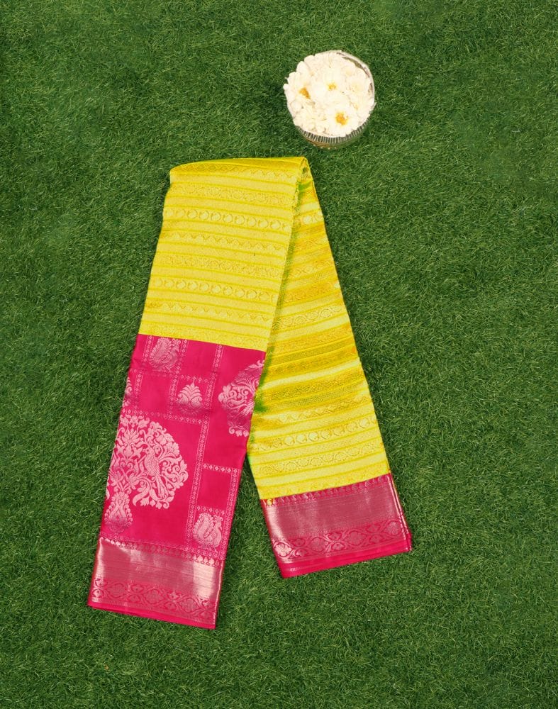 Collection of Yellow Coloured Striped Pure Kanchi Pattu Saree in a gallery layout