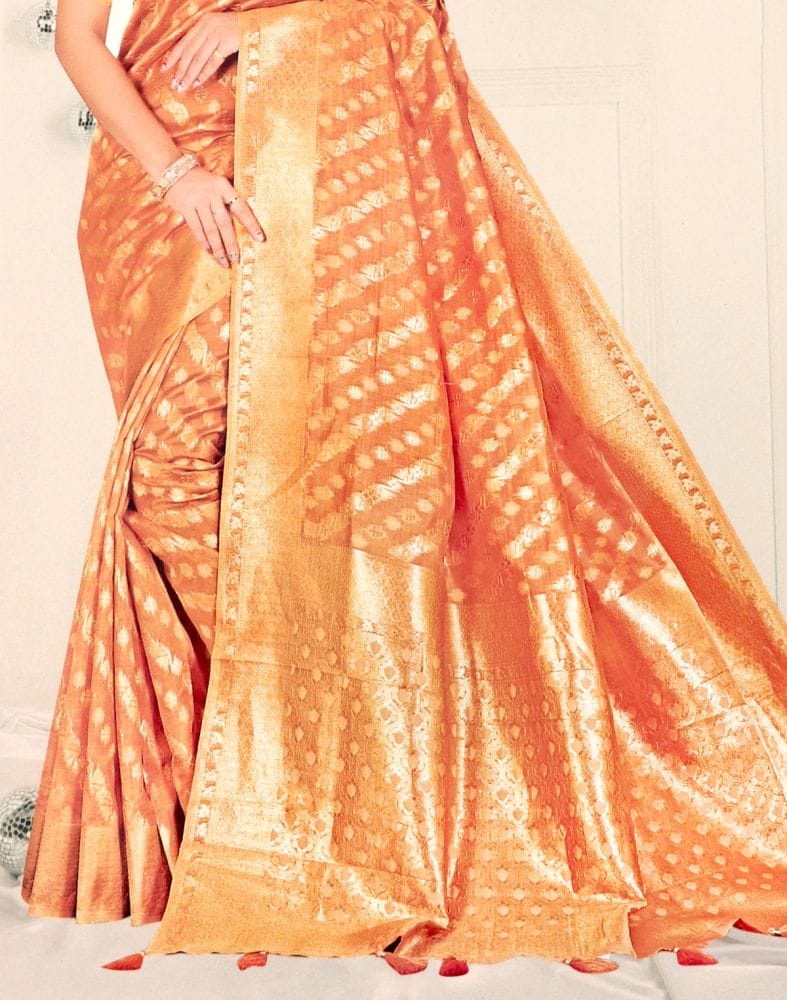 Collection of Light Orange Floral Pattern Banaras Organza Saree in a gallery layout