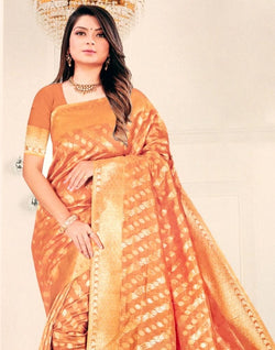 Collection of Light Orange Floral Pattern Banaras Organza Saree in a gallery layout