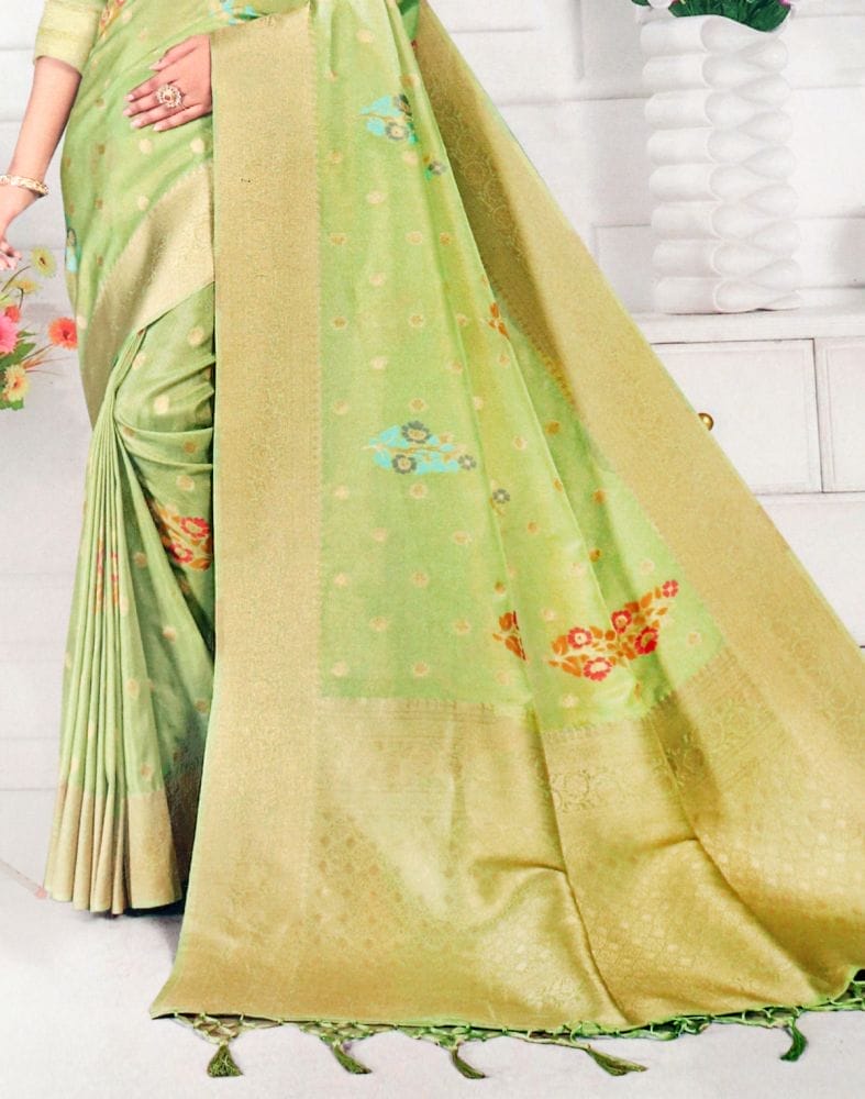 Collection of Mehendi Green Floral Banaras Tissue Saree in a gallery layout