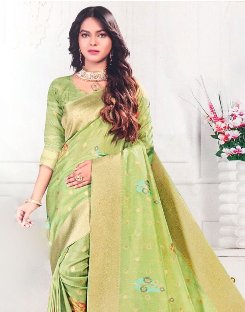 Collection of Mehendi Green Floral Banaras Tissue Saree in a gallery layout