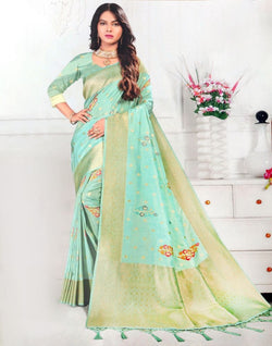 Collection of Light Blue Floral Banaras Tissue Saree in a gallery layout