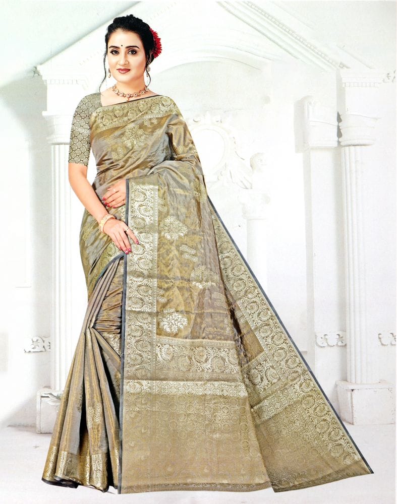 Grey Coloured Floral Pattern Tissue Saree