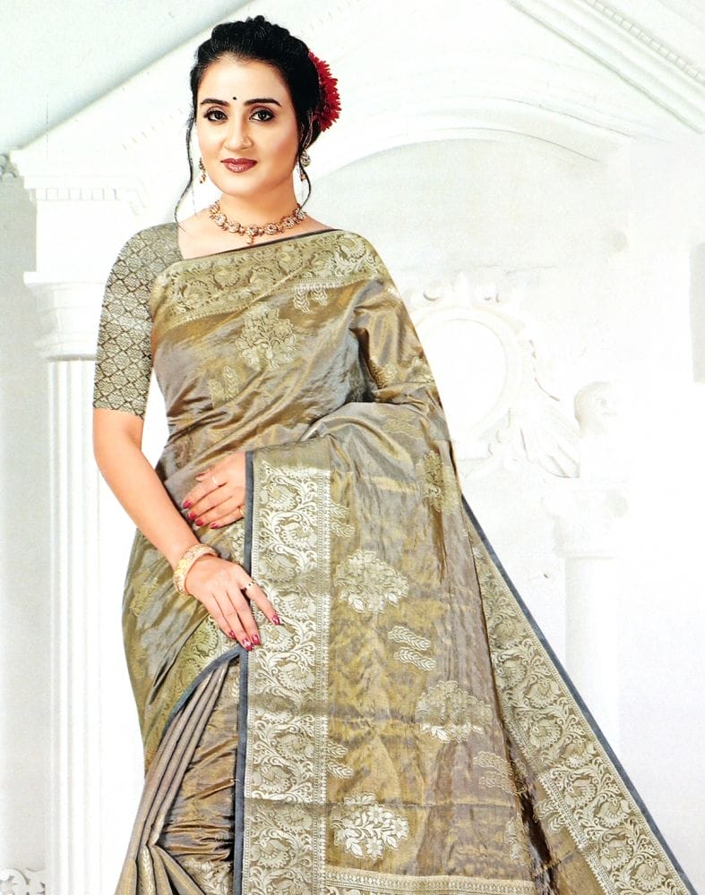 Collection of Grey Coloured Floral Pattern Tissue Saree in a gallery layout